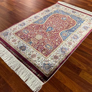 2.74X4.12 Red Bamboo Silk Prayer Mat, Luxury Muslim Prayer Rug, Islamic Prayer Mat, Gift Mat, Janamaz Mat, Special Gift