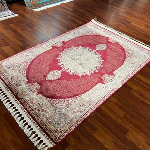 4X6 ft Red Beige Silk Rug, High Quality Silk Rug,Gift Silk Rug,4x6 Persian Silk Rug ,Bamboo Silk Rug,Super Fine Silk Rug,Rug For Living Room