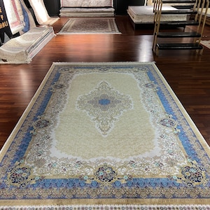 Blue Beige Persian Silk Rug, 7X10 ft Luxury Silk Rug, Authentic Pattern Rug, Silk Rug, Oriental Area Rug, High Quality Silk Rug,Qum Silk Rug