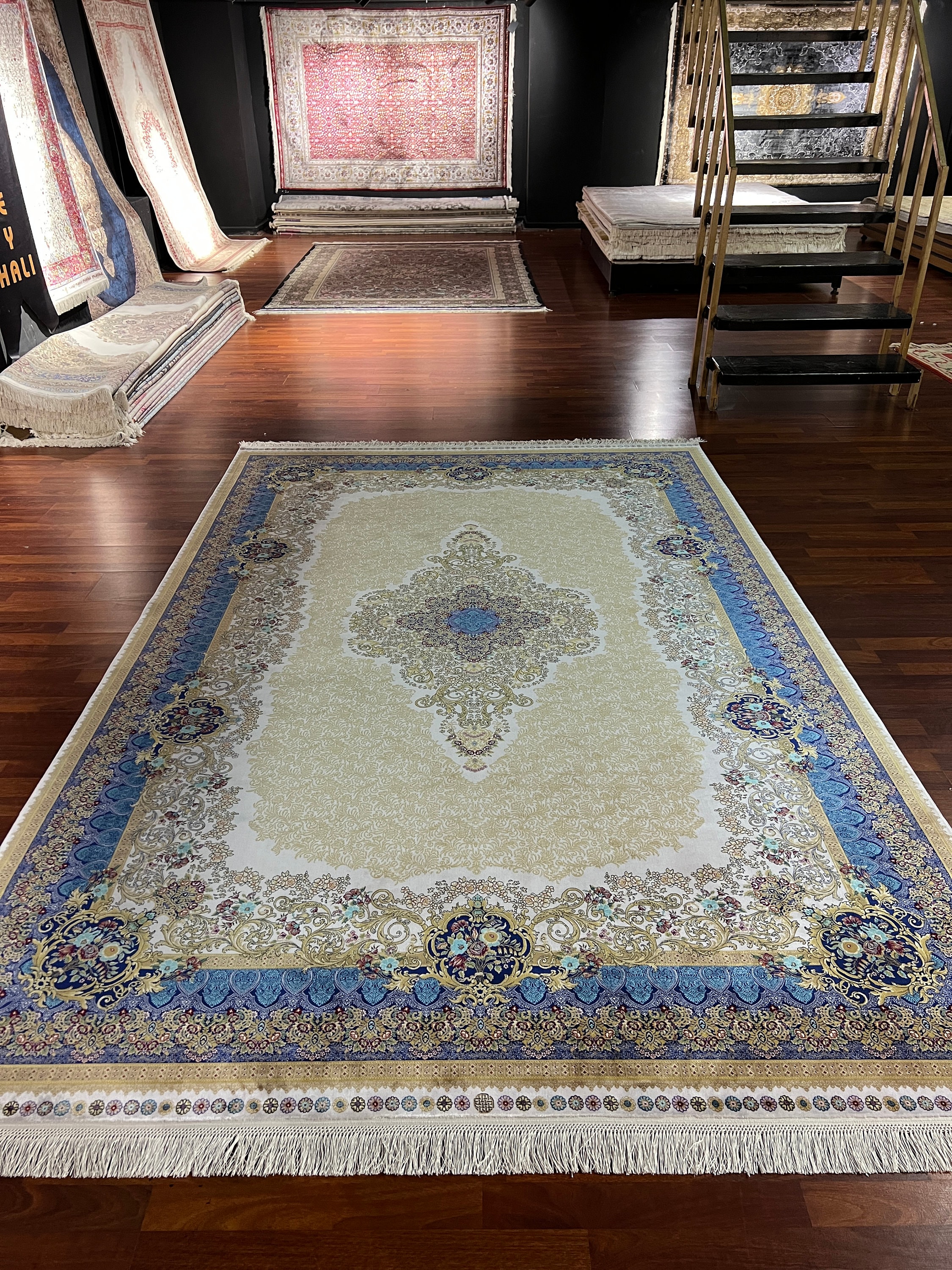 Blue Beige Persian Silk Rug, 7X10 ft Luxury Silk Rug, Authentic Pattern Rug, Silk Rug, Oriental Area Rug, High Quality Silk Rug,Qum Silk Rug
