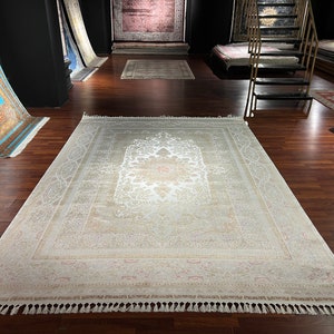 8x11 ft Beige Silk Rug, Rug For Living Room, Silk Rug, Persian Pattern Silk Rug , Luxury Silk Rug, High Quality Silk Rug, Qum Silk Rug