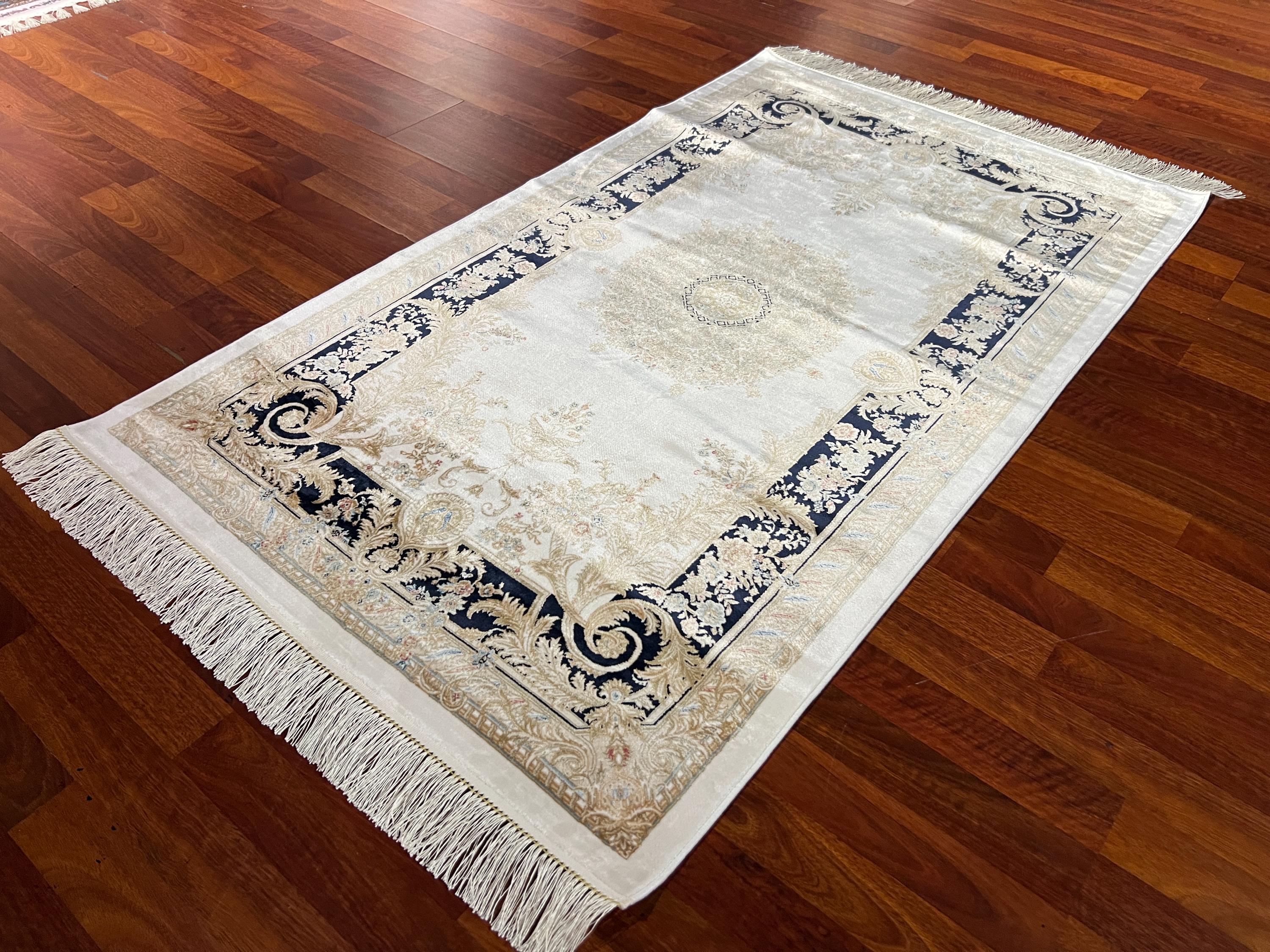 3X5 ft Gold Dark Blue Authentic Silk Rug, Medallion Pattern Silk Rug, 3x5 Silk Rug, High Quality Silk Rug,Special Runner Rug,Top Quality Rug