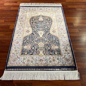 Navy Blue Bamboo Silk Prayer Mat, Luxury Muslim Prayer Rug, Islamic Prayer Mat, Gift Mat, Janamaz Mat, Special Gift