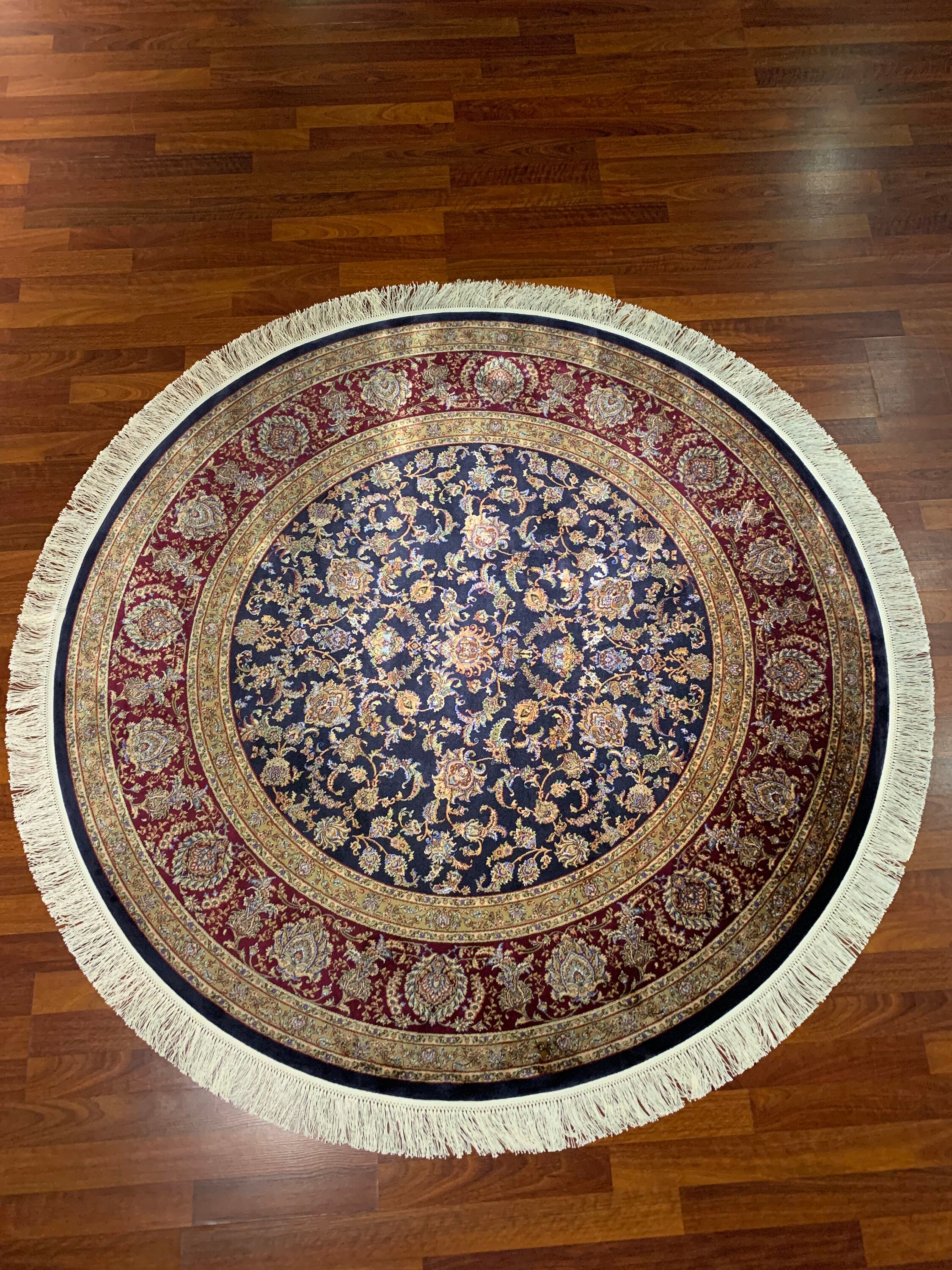 Red Blue Silk Circle Rug, Circle Rug 5x5, Round Rug Vintage, Circle Silk Rug 5x5, Round Rug 5