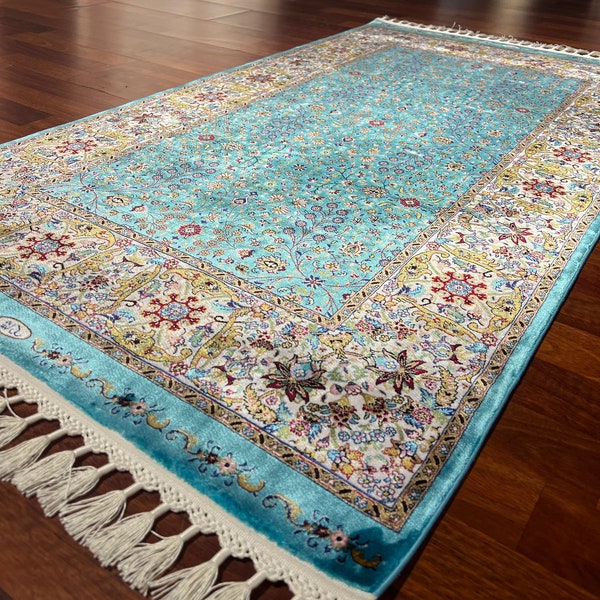 3X5ft Mini Silk Rug Authentic Rug, Blue Persian Design Silk Rug, High Quality Silk Rug,Special Mini RugTop Quality,Housewarming Gift Rug