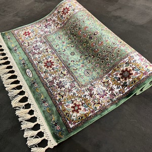 Green 2X3ft Mini Silk Rug Authentic Rug, Turkish Design Silk Rug, High Quality Silk Rug,Special Mini RugTop Quality,Housewarming Gift Rug