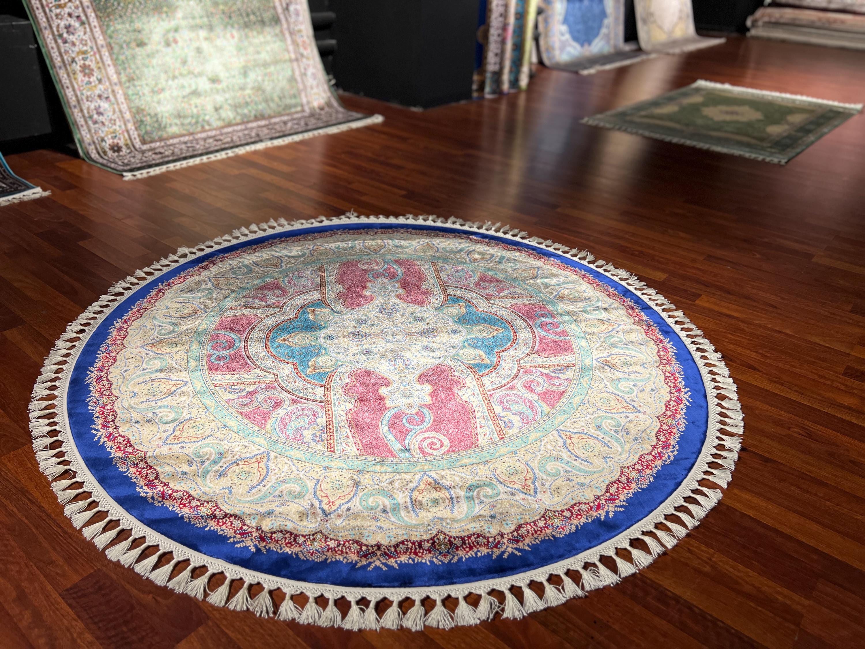 ピンク ブルー シルク サークル ラグ、サークル ラグ 5x5、ラウンド