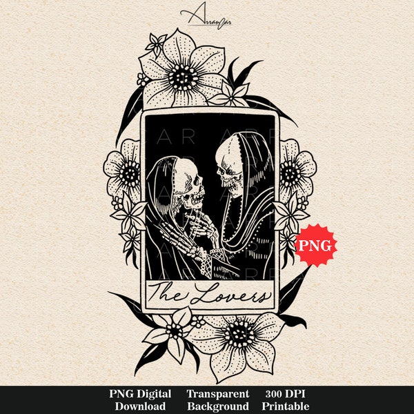 The Dead Lovers Tarot Card SVG, Skull Valentine Day Sublimation Digital Design Download, Skeleton Lovers PNG, Skeletons Valentine Couple png