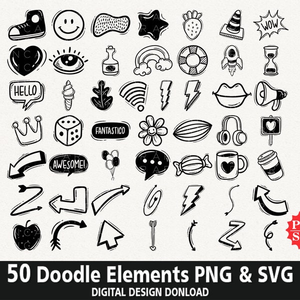 Abstract Doodle Element SVG PNG Bundle Clipart, 50 Cartoon Doodle for Cricut, Hand Drawn Scribble, Scrapbook Design Element, Funny Doodle