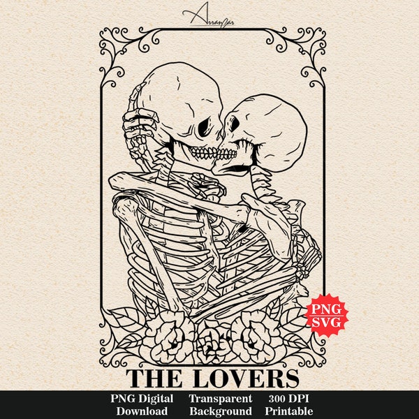 The Dead Lovers Tarot Card SVG, Skull Valentine Day Sublimation Digital Design Download, Skeleton Lovers PNG, Skeletten Valentine Couple png