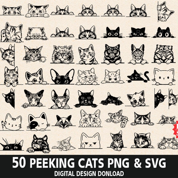 Peeking Cats SVG PNG Bundle Clipart, 50 Peeking Cats for Cricut, Peeking Kitten Silhouette, Cute Kitty svg, Funny Cat png, Cat Sublimation