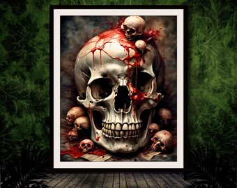 Skull Blood Splash Macabre  Dark Art AI Generated image Digital Download Printable Wall Poster