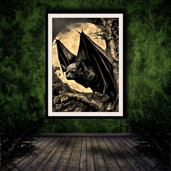 AI Generated image Dark Aesthetic Bat in the Moonlight Digital Download Printable Wall Art