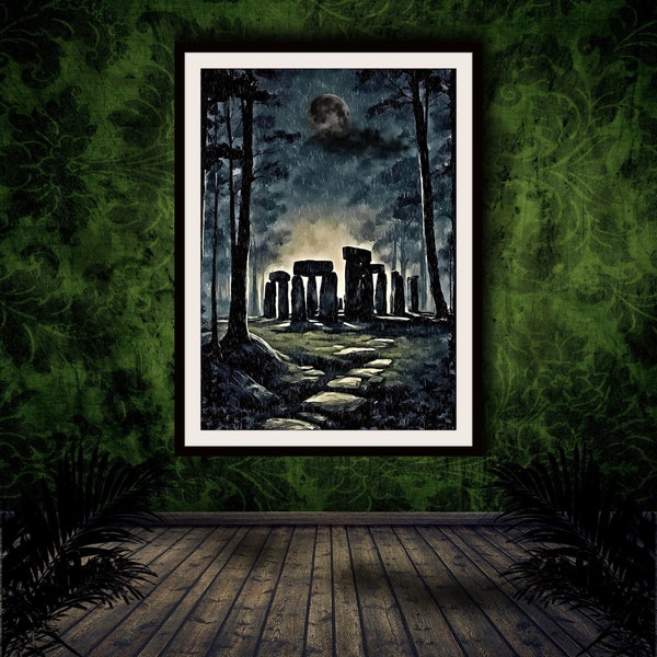 AI Generated image Dark Aesthetic Alternative Henge in the Forest during a Rainstorm Stone Circle Digital Download Printable Wall Art