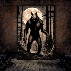 Dark Aesthetic Cryptid Werewolf lycanthrope Full Moon Woods Cryptozoology Digital Download Printable Wall Art AI Generated image