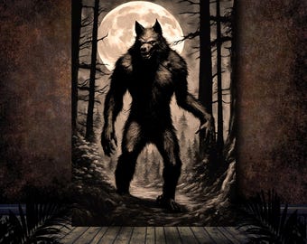 Dark Aesthetic Cryptid Werewolf lycanthrope Full Moon Woods Cryptozoology Digital Download Printable Wall Art AI Generated image
