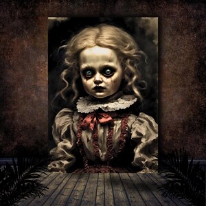 Spooky doll is haunting eerie, lifelike, macabre, Sinister, unsettling appearance Digital Download Printable Wall Art AI Generated image