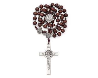 Saint Benedict Rosary with Dark Wood Beads and Metal Crucifix