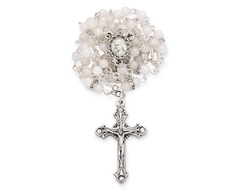 White Glass Rosary Silver Tone Metal Rhinestone Spacers Divine Mercy Virgin Mary Medal