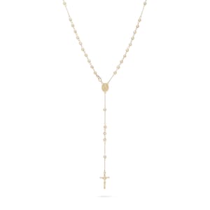 May include: A gold-toned rosary necklace with a small cross charm at the end.