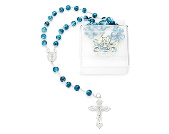 Elegant Rosary with Blue Marble Effect Beads - Pewter Chain & Protective Case