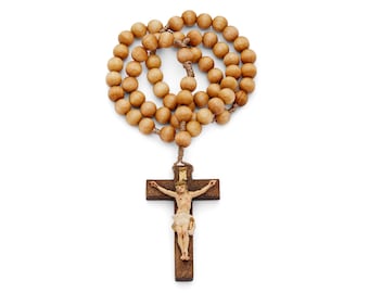 Handmade Olive Wood Rosary with Rope: Rustic Crucifix