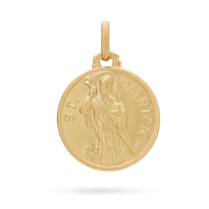 May include: Gold-colored pendant featuring a detailed image of Saint Patrick holding a staff. The pendant is round and has the words "ST. PATRICK" inscribed around the edge.