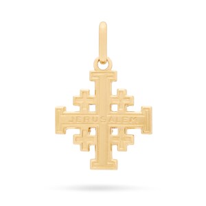Pode incluir: Um pingente de cruz de Jerusalém dourado com a palavra "Jerusalém" inscrita na frente.