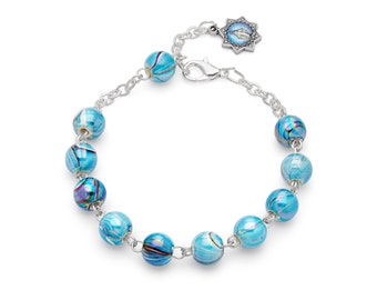 Metal Rosary with Light Blue Beads Bracelet - Devotion with Elegance