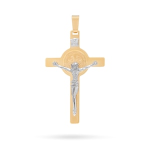 18k gouden hanger met St. Benedictus kruisbeeld: geel- en witgouden corpus