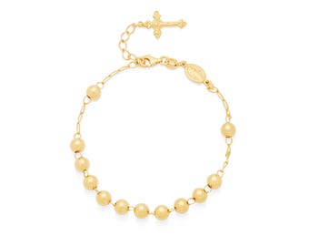 Gold-Plated Sterling Silver Rosary Bracelet: Miraculous Medal Cross Pendant