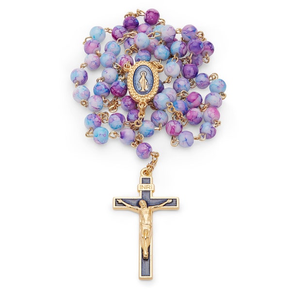 Handmade Pink & Blue Glass Rosary: Miraculous Virgin Mary, Enameled Cross