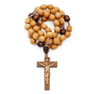 Handcrafted Wooden Rosary - Natural Wood Beads, Handpainted Coloured Crucifix