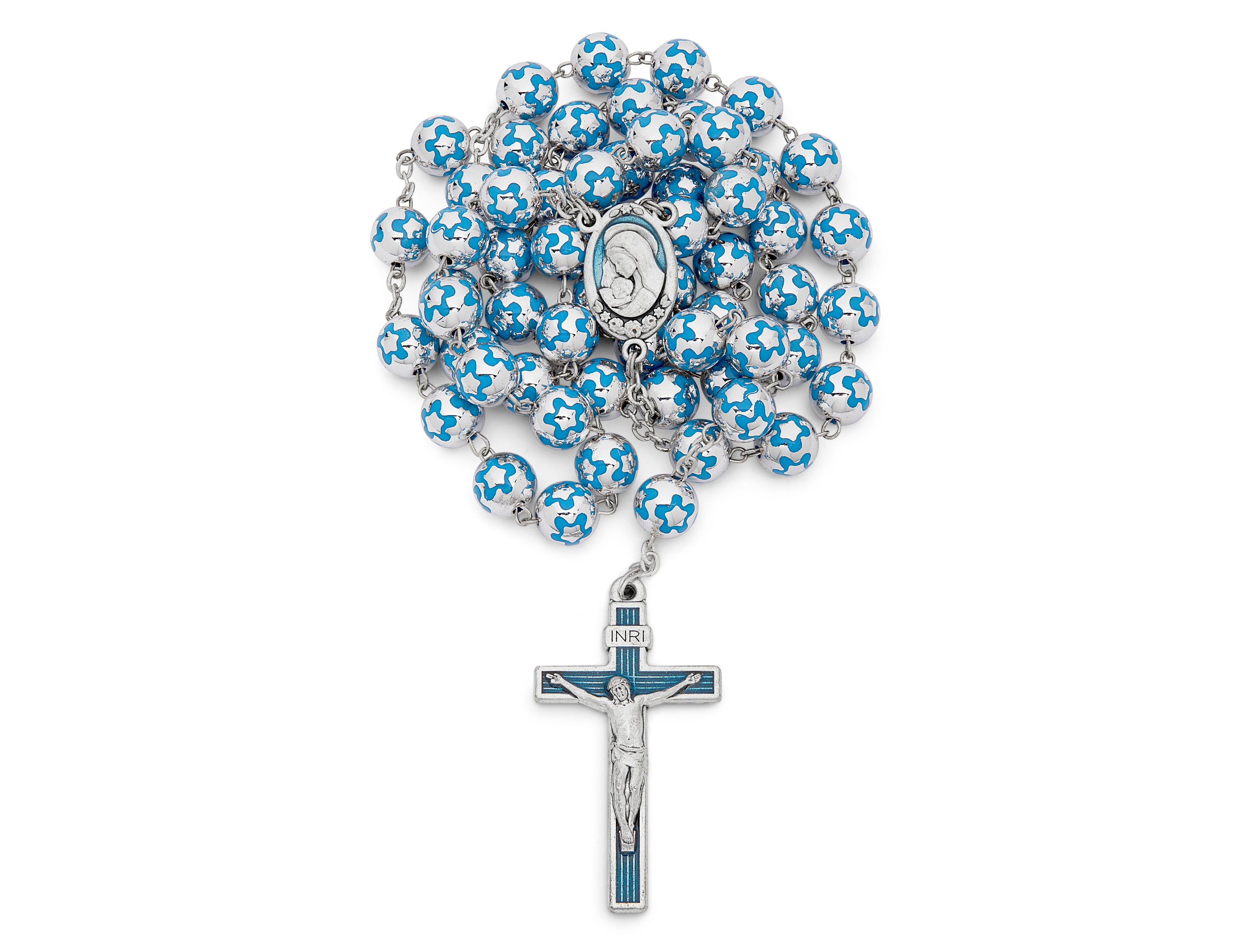 Sacred Heart of Jesus Rosary - Silver Color Beads With Blue Flower ...