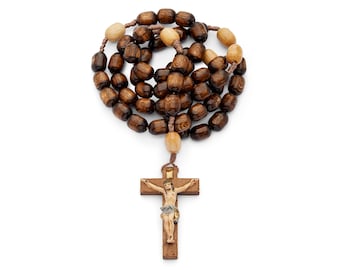 Handpainted Wooden Rosary - Oval Dark Natural Wood Beads, Classic Design