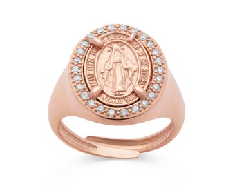 Exquisite Adjustable Chevalier Ring with Miraculous Medal - Rose Gold-plated Sterling Silver and Cubic Zirconia Details