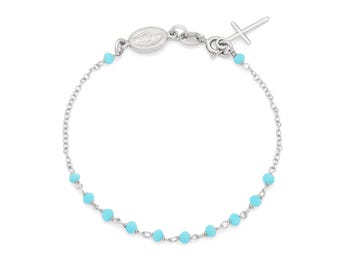 Sterling Silver Rosary Bracelet: Light Blue Beads, Miraculous Medal
