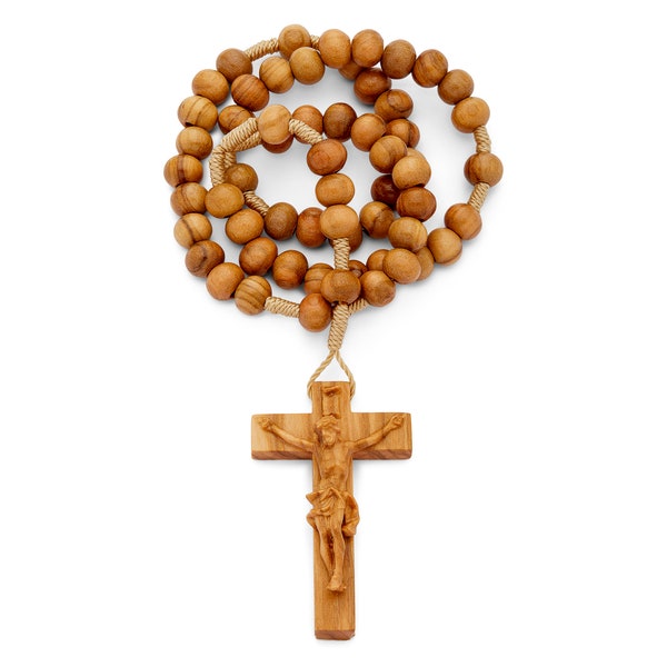 Klassischer Olivenholzperlen-Seil-Rosenkranz - Handgefertigtes Kruzifix
