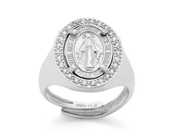 Elegante Anillo Chevalier Ajustable con Medalla Milagrosa en Plata de Ley 925 y Detalles de Circonitas