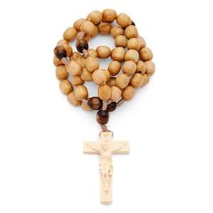Brown Wooden Rosary - Oval Beads, Handcarved Coloured Cross