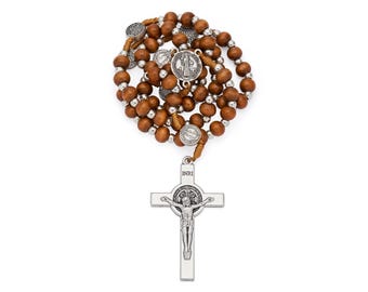 Saint Benedict Rosary with Wooden Beads and Metal Crucifix