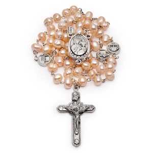 Our Lady of Good Health Rosary: Pink Freshwater Pearls, Pewter Roman Basilicas
