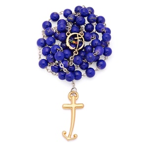 Jubilee 2025 Rosary: Blue Gold Glass Beads, Anchor Cross