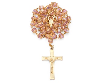 Gold-Tone Rosary, Pink Faceted Crystal Beads, Miraculous Medal