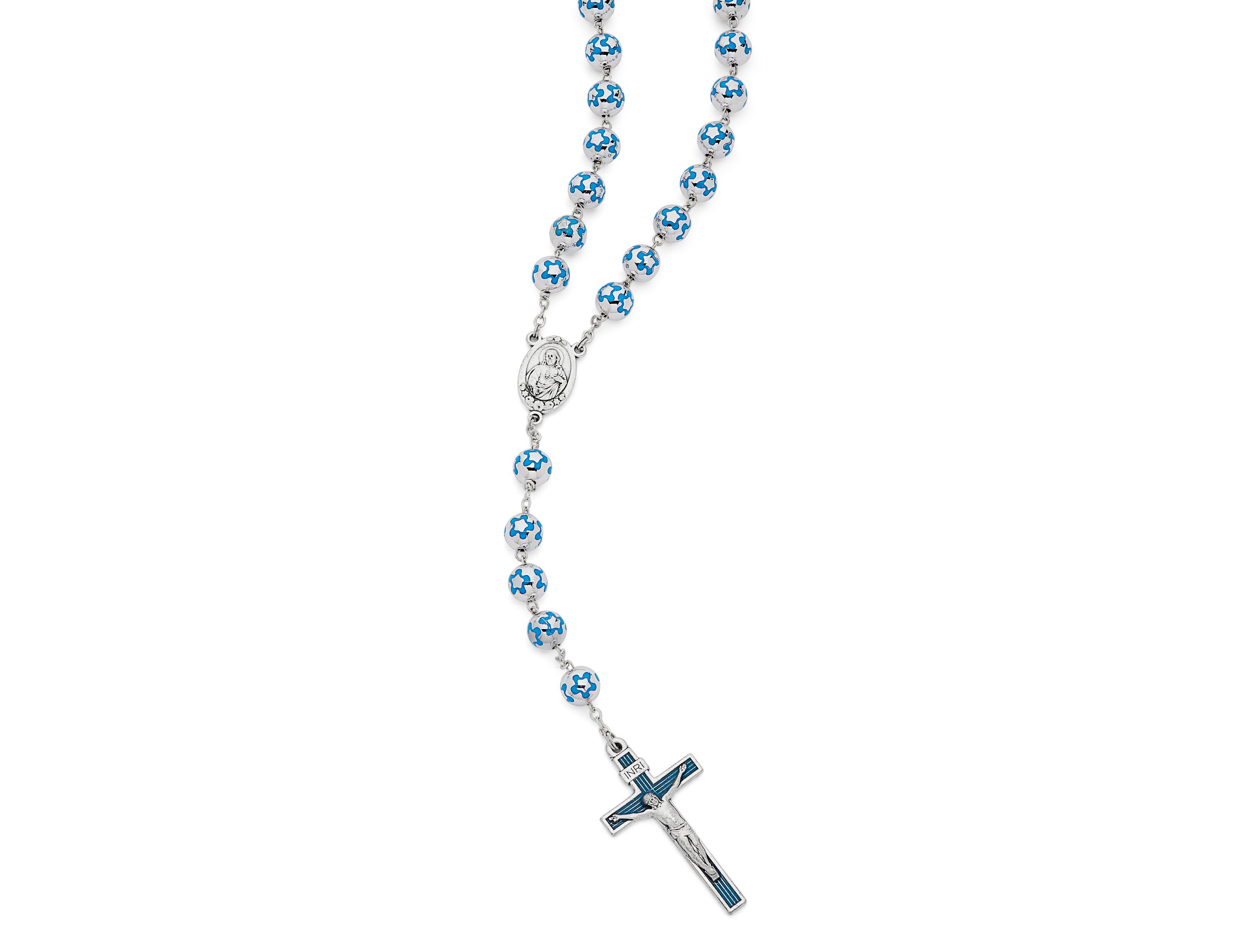 Sacred Heart of Jesus Rosary - Silver Color Beads With Blue Flower ...