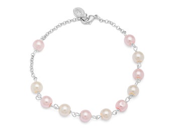 Swarovski Crystal Pearl Rosary Bracelet - 925 Sterling Silver with White and Pink Beads