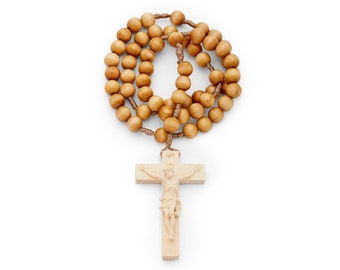 Olive Wood Rosary in Rope - Handmade Crucifix, Round Beads