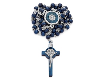 Saint Benedict Blue Wooden Rosary, Catholic Prayer Beads for Spiritual Devotion