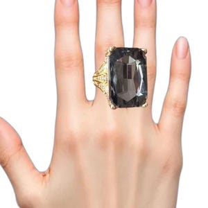Smoky Crystal Cocktail Ring: Gold-Tone Adjustable Statement Ring