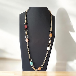 Long Gold Tone Chain Necklace: Multi-Colour Stone Bead Statement Jewellery